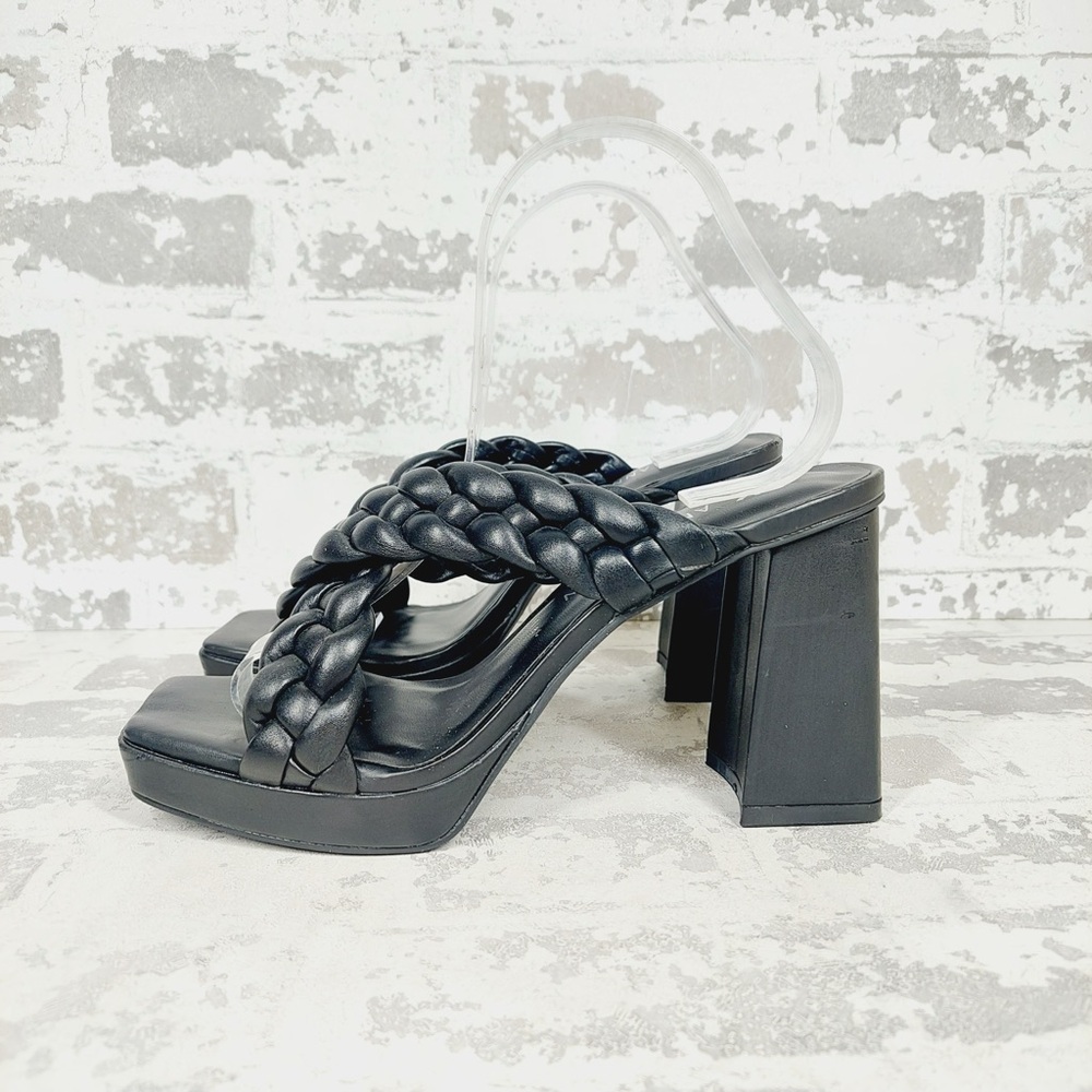 Braided Platform Block Heel Sandals - Black